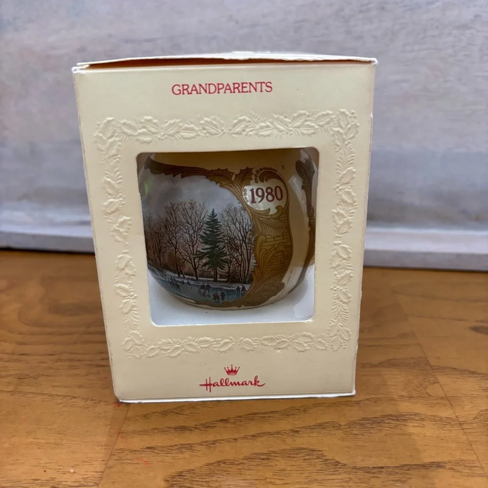 Vintage Hallmark Ornament for Grandparents Gold Glass Ice‎ Skaters Keepsake 1980